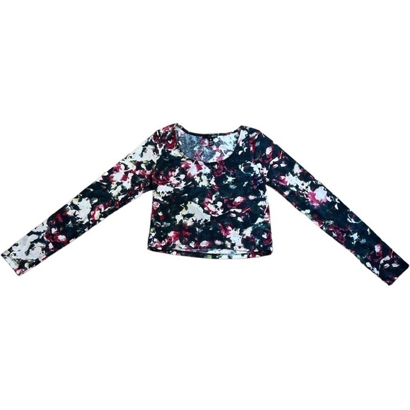 Aqua Floral Long Sleeve Crop Top Women’s Medium Multicolor Stretch - Picture 1 of 4